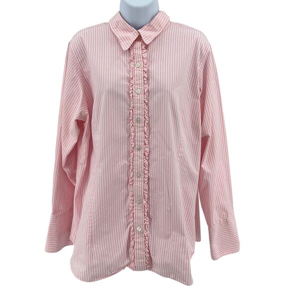 Lands' End Shirt SZ 20W Button Up Long Sleeve Pink White Striped Ruffled Placket - Picture 1 of 4